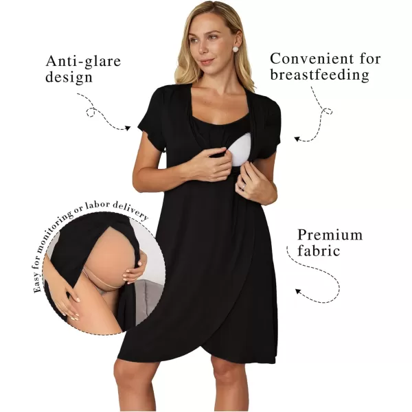 Ekouaer Maternity Nightgown Short Sleeve Nursing Dress Breastfeeding Sleepwear for WomenAblack