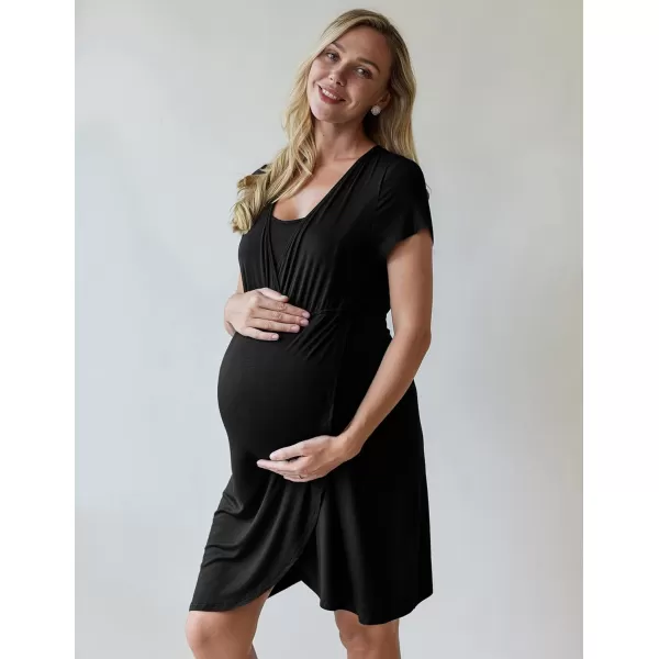Ekouaer Maternity Nightgown Short Sleeve Nursing Dress Breastfeeding Sleepwear for WomenAblack