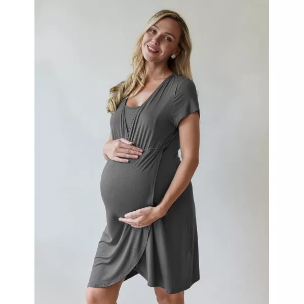 Ekouaer Maternity Nightgown Short Sleeve Nursing Dress Breastfeeding Sleepwear for WomenEcharcoal Grey