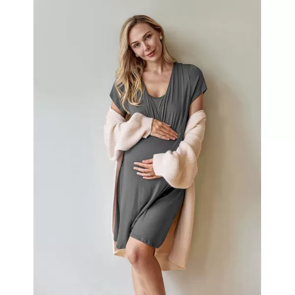 Ekouaer Maternity Nightgown Short Sleeve Nursing Dress Breastfeeding Sleepwear for WomenEcharcoal Grey