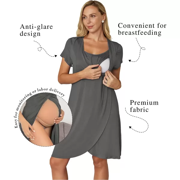 Ekouaer Maternity Nightgown Short Sleeve Nursing Dress Breastfeeding Sleepwear for WomenEcharcoal Grey
