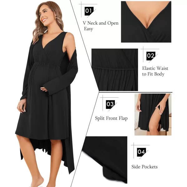 Ekouaer Maternity Nursing Gown and Robe Set Labor Delivery Nursing Nightgown Pregnancy Clothes SXXLBlack