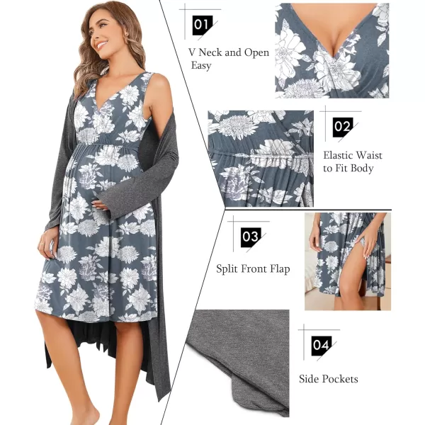 Ekouaer Maternity Nursing Gown and Robe Set Labor Delivery Nursing Nightgown Pregnancy Clothes SXXLDark Grey Flower