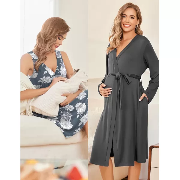 Ekouaer Maternity Nursing Gown and Robe Set Labor Delivery Nursing Nightgown Pregnancy Clothes SXXLDark Grey Flower