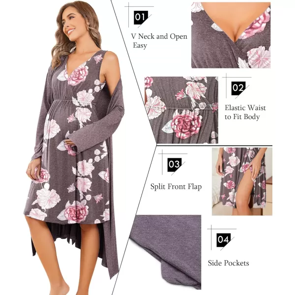 Ekouaer Maternity Nursing Gown and Robe Set Labor Delivery Nursing Nightgown Pregnancy Clothes SXXLDark Greyamppink Flower