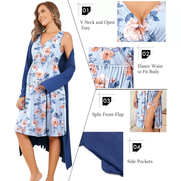 Ekouaer Maternity Nursing Gown and Robe Set Labor Delivery Nursing Nightgown Pregnancy Clothes SXXLLight Blueamppink Flower