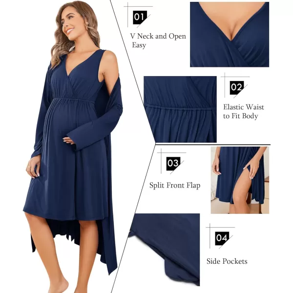 Ekouaer Maternity Nursing Gown and Robe Set Labor Delivery Nursing Nightgown Pregnancy Clothes SXXLNavy Blue