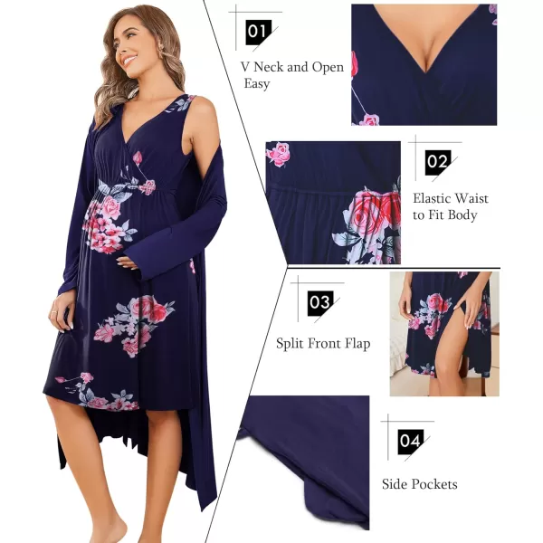 Ekouaer Maternity Nursing Gown and Robe Set Labor Delivery Nursing Nightgown Pregnancy Clothes SXXLNavy Blueamppink Flower