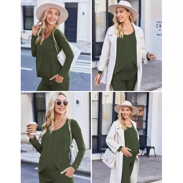 Ekouaer Maternity Nursing Pajama Set Long Sleeve Top amp Pants with Pockets Breastfeeding Sleepwear Double Layer PregnancyArmy Green