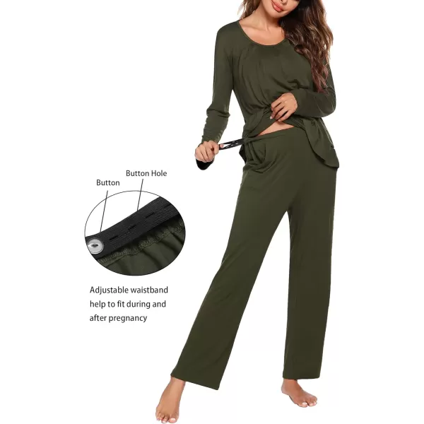 Ekouaer Maternity Nursing Pajama Set Long Sleeve Top amp Pants with Pockets Breastfeeding Sleepwear Double Layer PregnancyArmy Green