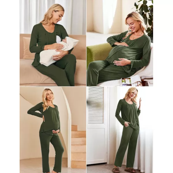 Ekouaer Maternity Nursing Pajama Set Long Sleeve Top amp Pants with Pockets Breastfeeding Sleepwear Double Layer PregnancyArmy Green