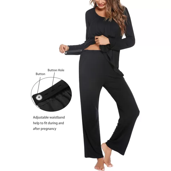 Ekouaer Maternity Nursing Pajama Set Long Sleeve Top amp Pants with Pockets Breastfeeding Sleepwear Double Layer PregnancyBlack