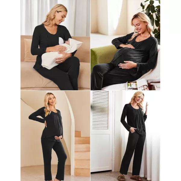 Ekouaer Maternity Nursing Pajama Set Long Sleeve Top amp Pants with Pockets Breastfeeding Sleepwear Double Layer PregnancyBlack