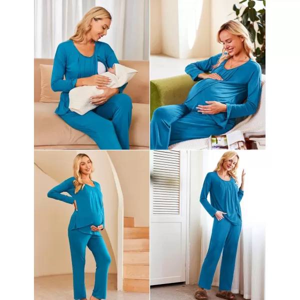 Ekouaer Maternity Nursing Pajama Set Long Sleeve Top amp Pants with Pockets Breastfeeding Sleepwear Double Layer PregnancyBlue Green