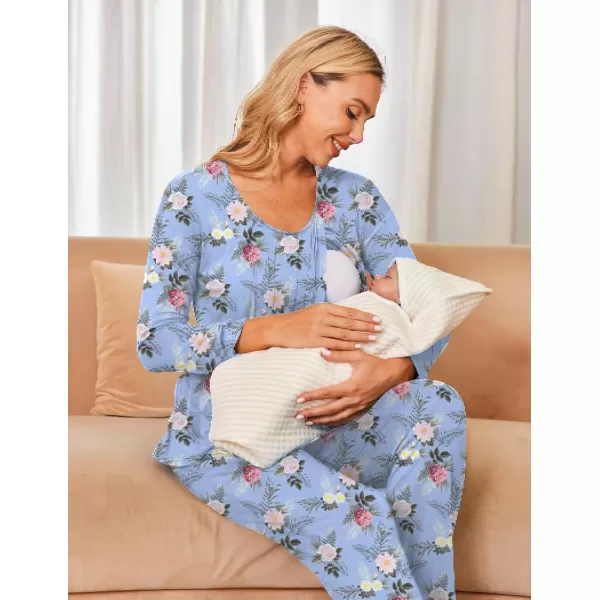 Ekouaer Maternity Nursing Pajama Set Long Sleeve Top amp Pants with Pockets Breastfeeding Sleepwear Double Layer PregnancyFloral Blue