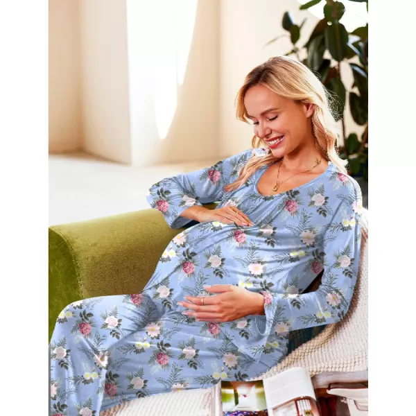 Ekouaer Maternity Nursing Pajama Set Long Sleeve Top amp Pants with Pockets Breastfeeding Sleepwear Double Layer PregnancyFloral Blue
