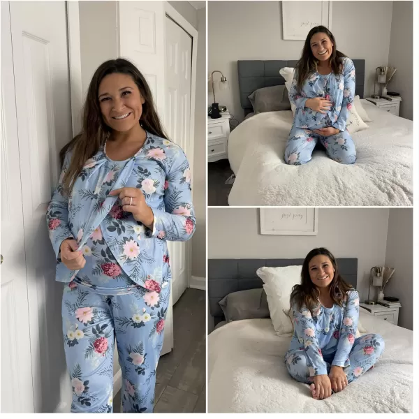 Ekouaer Maternity Nursing Pajama Set Long Sleeve Top amp Pants with Pockets Breastfeeding Sleepwear Double Layer PregnancyFloral Blue