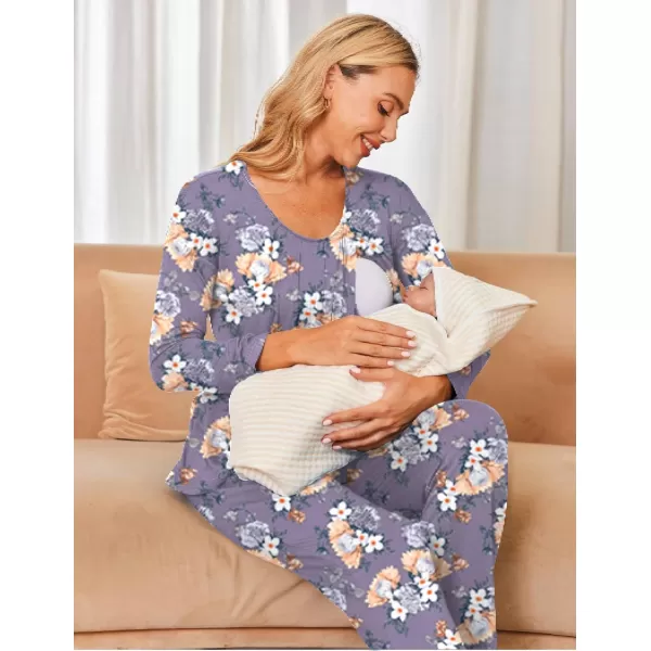 Ekouaer Maternity Nursing Pajama Set Long Sleeve Top amp Pants with Pockets Breastfeeding Sleepwear Double Layer PregnancyFloral Purple