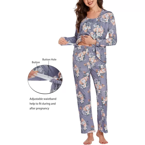 Ekouaer Maternity Nursing Pajama Set Long Sleeve Top amp Pants with Pockets Breastfeeding Sleepwear Double Layer PregnancyFloral Purple