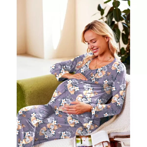 Ekouaer Maternity Nursing Pajama Set Long Sleeve Top amp Pants with Pockets Breastfeeding Sleepwear Double Layer PregnancyFloral Purple