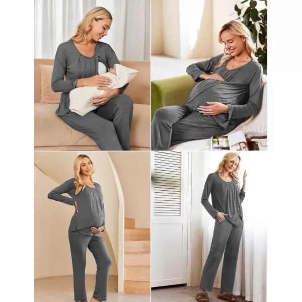 Ekouaer Maternity Nursing Pajama Set Long Sleeve Top amp Pants with Pockets Breastfeeding Sleepwear Double Layer PregnancyGrey