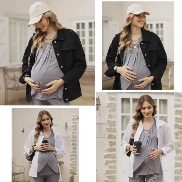 Ekouaer Maternity Nursing Pajama Set Long Sleeve Top amp Pants with Pockets Breastfeeding Sleepwear Double Layer PregnancyGrey