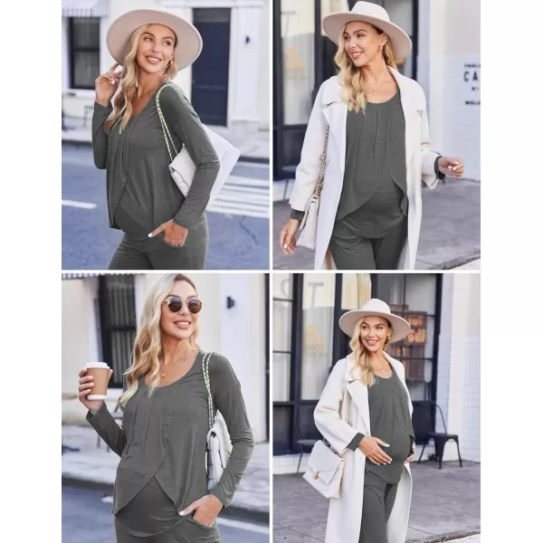 Ekouaer Maternity Nursing Pajama Set Long Sleeve Top amp Pants with Pockets Breastfeeding Sleepwear Double Layer PregnancyGrey