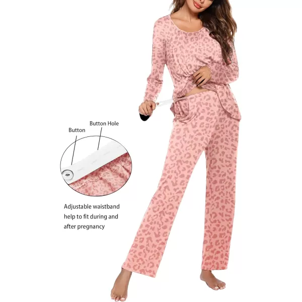 Ekouaer Maternity Nursing Pajama Set Long Sleeve Top amp Pants with Pockets Breastfeeding Sleepwear Double Layer PregnancyLeopard Pink