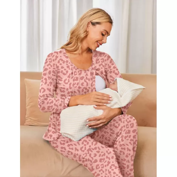 Ekouaer Maternity Nursing Pajama Set Long Sleeve Top amp Pants with Pockets Breastfeeding Sleepwear Double Layer PregnancyLeopard Pink