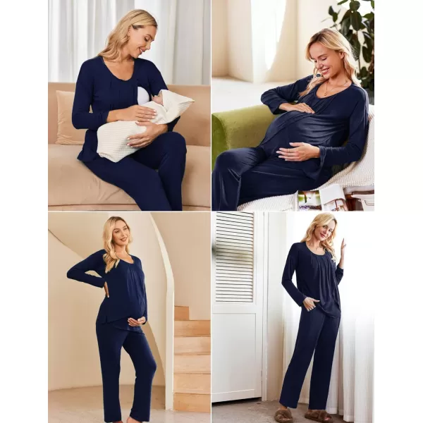 Ekouaer Maternity Nursing Pajama Set Long Sleeve Top amp Pants with Pockets Breastfeeding Sleepwear Double Layer PregnancyNavy Blue