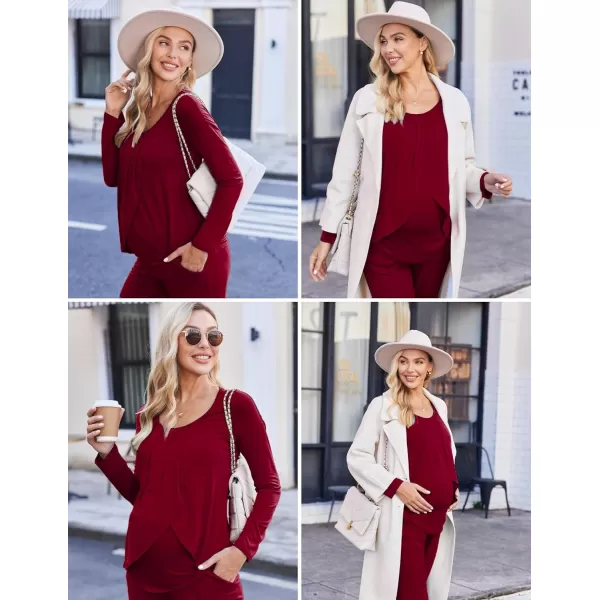 Ekouaer Maternity Nursing Pajama Set Long Sleeve Top amp Pants with Pockets Breastfeeding Sleepwear Double Layer PregnancyWine Red