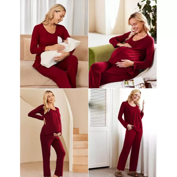 Ekouaer Maternity Nursing Pajama Set Long Sleeve Top amp Pants with Pockets Breastfeeding Sleepwear Double Layer PregnancyWine Red