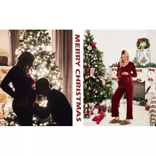 Ekouaer Maternity Nursing Pajama Set Long Sleeve Top amp Pants with Pockets Breastfeeding Sleepwear Double Layer PregnancyWine Red