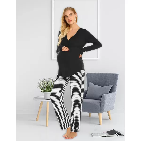 Ekouaer Maternity Nursing Pajama Set Long Sleeve V Neck Top amp Printed Pants Breastfeeding Sleepwear Set SXXLBlack