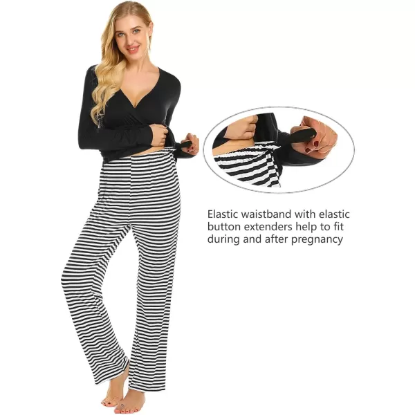 Ekouaer Maternity Nursing Pajama Set Long Sleeve V Neck Top amp Printed Pants Breastfeeding Sleepwear Set SXXLBlack