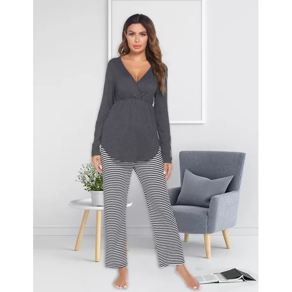 Ekouaer Maternity Nursing Pajama Set Long Sleeve V Neck Top amp Printed Pants Breastfeeding Sleepwear Set SXXLDark Grey