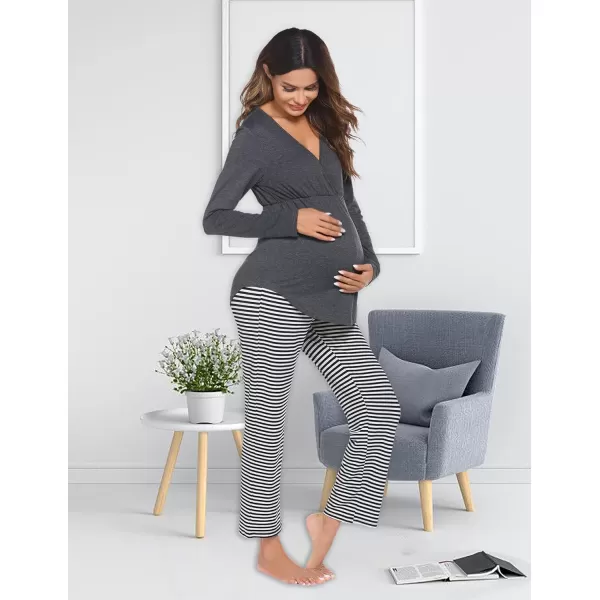 Ekouaer Maternity Nursing Pajama Set Long Sleeve V Neck Top amp Printed Pants Breastfeeding Sleepwear Set SXXLDark Grey