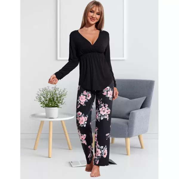 Ekouaer Maternity Nursing Pajama Set Long Sleeve V Neck Top amp Printed Pants Breastfeeding Sleepwear Set SXXLFloral Black
