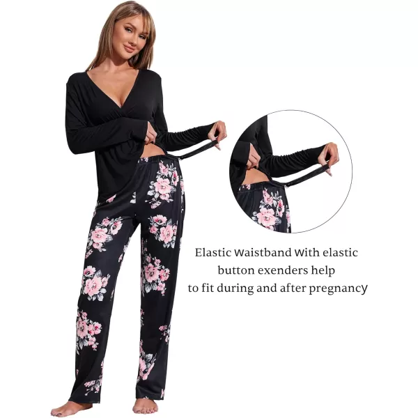 Ekouaer Maternity Nursing Pajama Set Long Sleeve V Neck Top amp Printed Pants Breastfeeding Sleepwear Set SXXLFloral Black