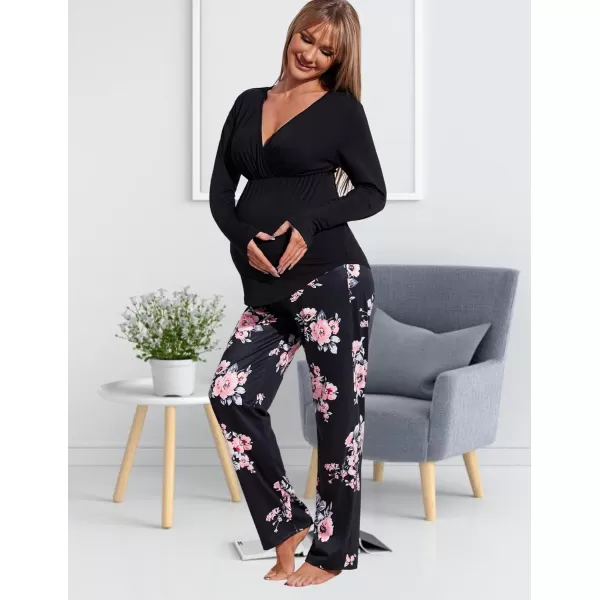 Ekouaer Maternity Nursing Pajama Set Long Sleeve V Neck Top amp Printed Pants Breastfeeding Sleepwear Set SXXLFloral Black