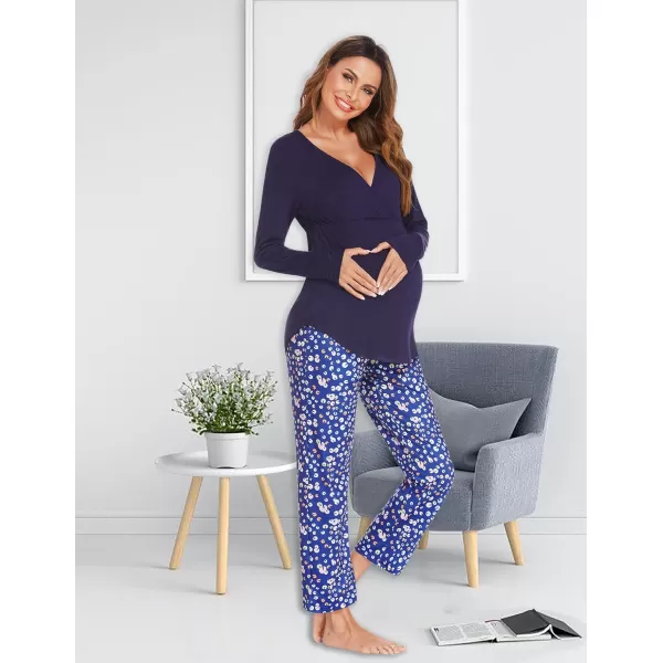 Ekouaer Maternity Nursing Pajama Set Long Sleeve V Neck Top amp Printed Pants Breastfeeding Sleepwear Set SXXLFloral Blue