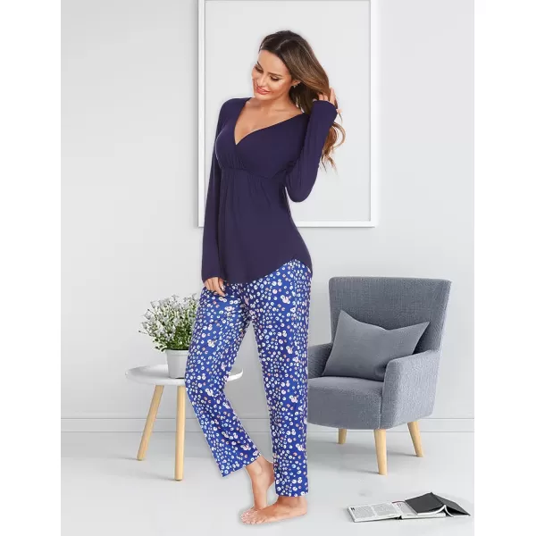 Ekouaer Maternity Nursing Pajama Set Long Sleeve V Neck Top amp Printed Pants Breastfeeding Sleepwear Set SXXLFloral Blue