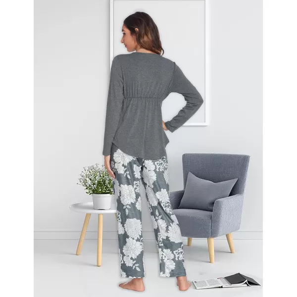 Ekouaer Maternity Nursing Pajama Set Long Sleeve V Neck Top amp Printed Pants Breastfeeding Sleepwear Set SXXLFloral Grey