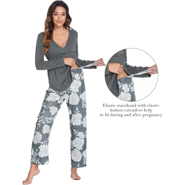 Ekouaer Maternity Nursing Pajama Set Long Sleeve V Neck Top amp Printed Pants Breastfeeding Sleepwear Set SXXLFloral Grey