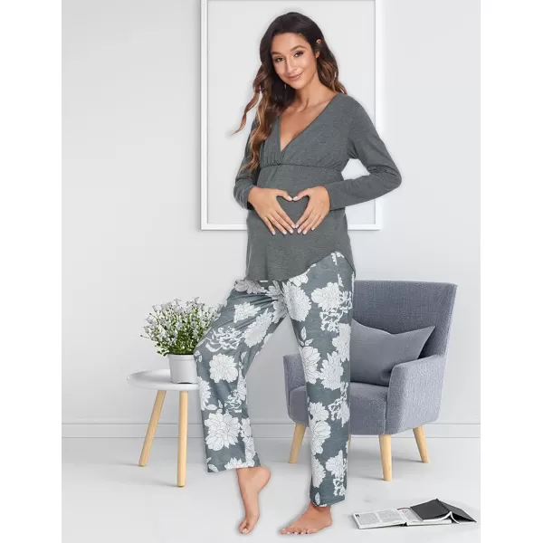 Ekouaer Maternity Nursing Pajama Set Long Sleeve V Neck Top amp Printed Pants Breastfeeding Sleepwear Set SXXLFloral Grey