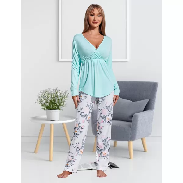 Ekouaer Maternity Nursing Pajama Set Long Sleeve V Neck Top amp Printed Pants Breastfeeding Sleepwear Set SXXLFloral Light Blue