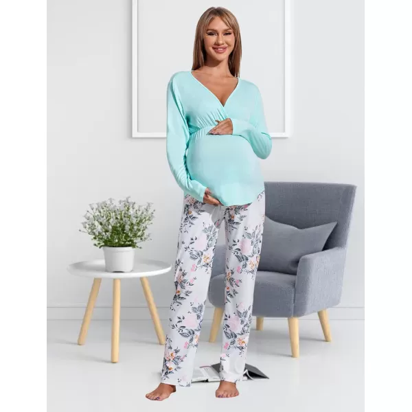 Ekouaer Maternity Nursing Pajama Set Long Sleeve V Neck Top amp Printed Pants Breastfeeding Sleepwear Set SXXLFloral Light Blue