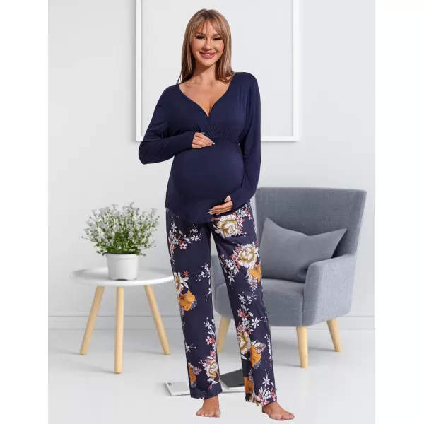 Ekouaer Maternity Nursing Pajama Set Long Sleeve V Neck Top amp Printed Pants Breastfeeding Sleepwear Set SXXLFloral Navy Blue