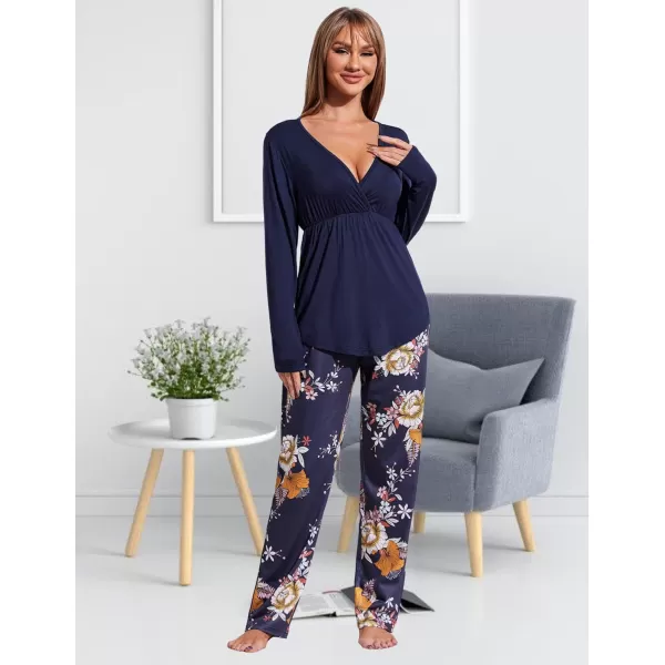 Ekouaer Maternity Nursing Pajama Set Long Sleeve V Neck Top amp Printed Pants Breastfeeding Sleepwear Set SXXLFloral Navy Blue