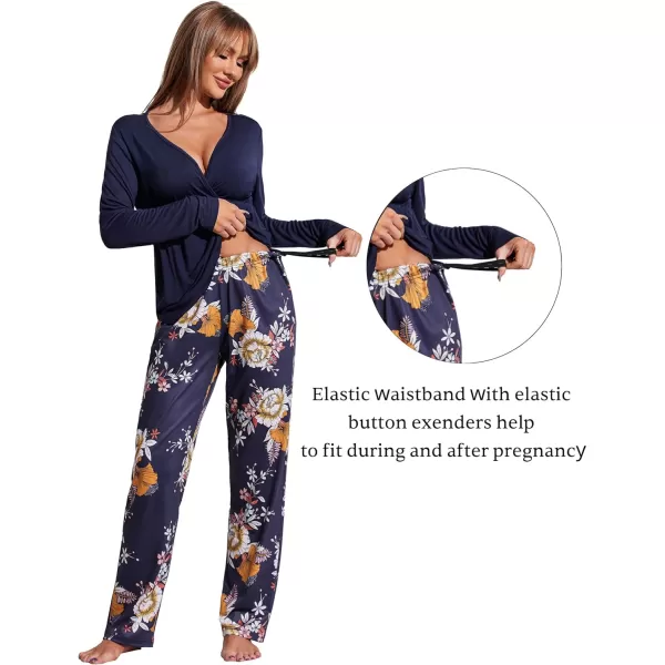 Ekouaer Maternity Nursing Pajama Set Long Sleeve V Neck Top amp Printed Pants Breastfeeding Sleepwear Set SXXLFloral Navy Blue